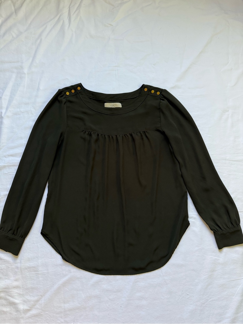 LOFT Olive Green Long-Sleeve Button-Shoulder Blouse - Picture 2 of 8